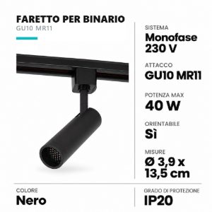 Faretto per binario monofase mini cilindrico gu10 mr11 orientabile nero