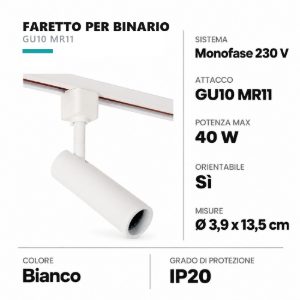 Faretto per binario monofase mini cilindrico gu10 mr11 orientabile bianco