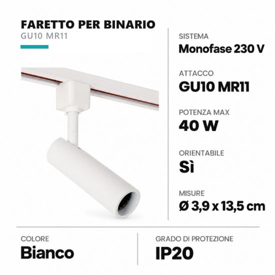 Faretto per binario monofase mini cilindrico gu10 mr11 orientabile bianco