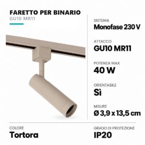 Faretto per binario monofase mini cilindrico gu10 mr11 orientabile tortora