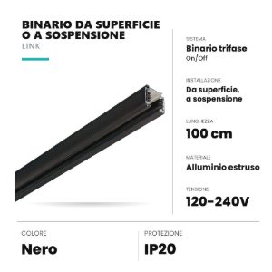 Ideal lux link binario trifase da superficie o a sospensione 1m on-off nero