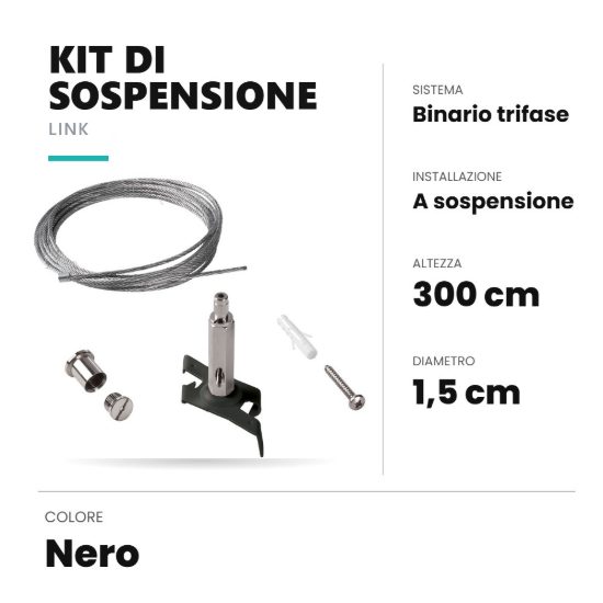 Ideal lux link kit di sospensione 3m per binario trifase nero