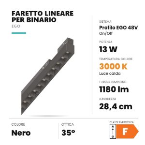 Ideal lux ego accent faretto lineare per binario led 13w 3000k 28,4cm on-off nero
