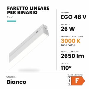 Ideal lux ego wide faretto lineare per binario led 26w 3000k 112cm on-off bianco