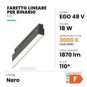 Ideal lux ego wide faretto lineare per binario led 18w 3000k 112cm dali nero