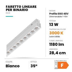 Ideal lux ego accent faretto lineare per binario led 13w 3000k 28,4cm 1-10v bianco