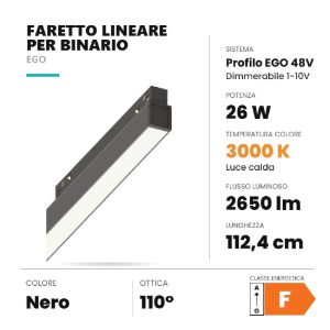 Ideal lux ego wide faretto lineare per binario led 26w 3000k 112,4cm 1-10v nero