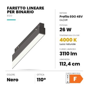 Ideal lux ego wide faretto lineare per binario led 26w 4000k 112,4cm on-off nero
