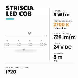 Ideal lux striscia led cob 24v 8w/m 2700k ip20 5m