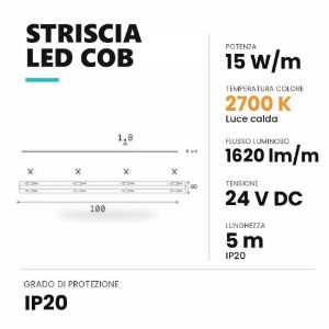 Ideal lux striscia led cob 24v 15w/m 2700k ip20 5m