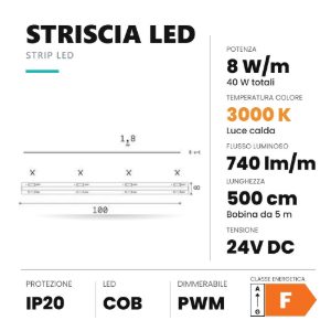 Ideal lux striscia led cob 24v 8w/m 3000k ip20 5m