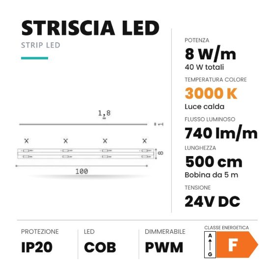 Ideal lux striscia led cob 24v 8w/m 3000k ip20 5m