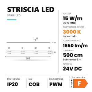 Ideal lux striscia led cob 24v 15w/m 3000k ip20 5m