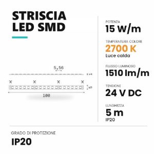 Ideal lux striscia led 24v smd larghezza 5mm 15w/m 2700k ip20 5m