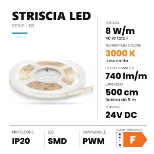 Ideal lux striscia led 24v smd larghezza 5mm 8w/m 3000k ip20 5m