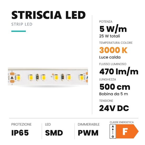 Ideal lux striscia led 24v smd 120 led/m 5w/m 3000k ip65 5m