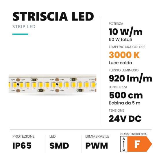 Ideal lux striscia led 24v smd 240 led/m 10w/m 3000k ip65 5m