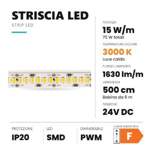 Ideal lux striscia led 24v smd 240 led/m 15w/m 3000k ip20 5m