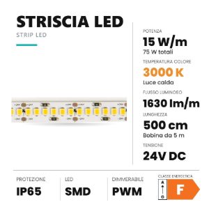 Ideal lux striscia led 24v smd 240 led/m 15w/m 3000k ip65 5m