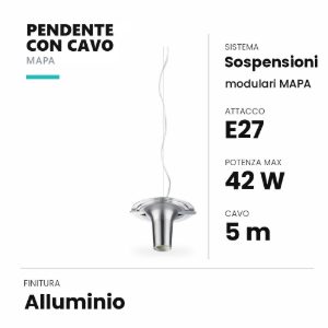 Ideal lux mapa pendente e27 17cm cavo 5m per sospensioni modulari alluminio