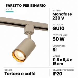 Faretto per binario monofase cilindrico gu10 orientabile tortora caffe