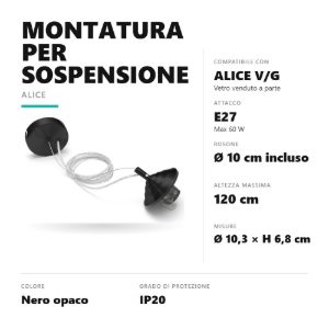Gea luce alice montatura grande con rosone per lampade a sospensione nera