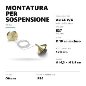 Gea luce alice montatura grande con rosone per lampade a sospensione ottone