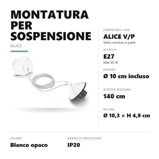Gea luce alice montatura piccola con rosone per lampade a sospensione bianca