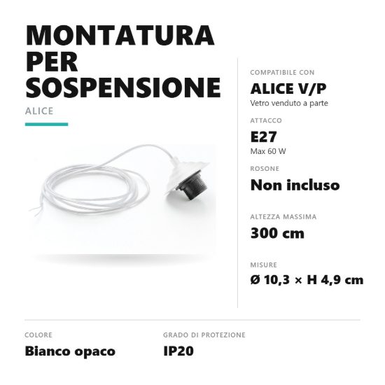 Gea luce alice montatura piccola senza rosone per lampade a sospensione bianca