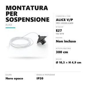 Gea luce alice montatura piccola senza rosone per lampade a sospensione nera