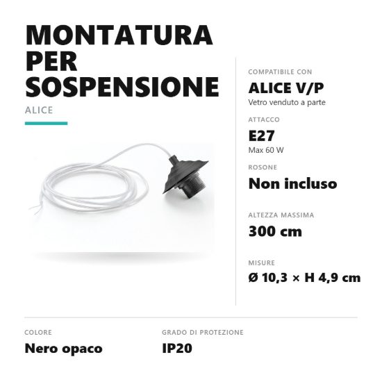 Gea luce alice montatura piccola senza rosone per lampade a sospensione nera