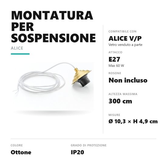 Gea luce alice montatura piccola senza rosone per lampade a sospensione ottone