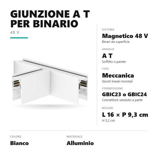 Gea luce gbigtb2 giunzione a t per binario magnetico 48v da superficie bianco