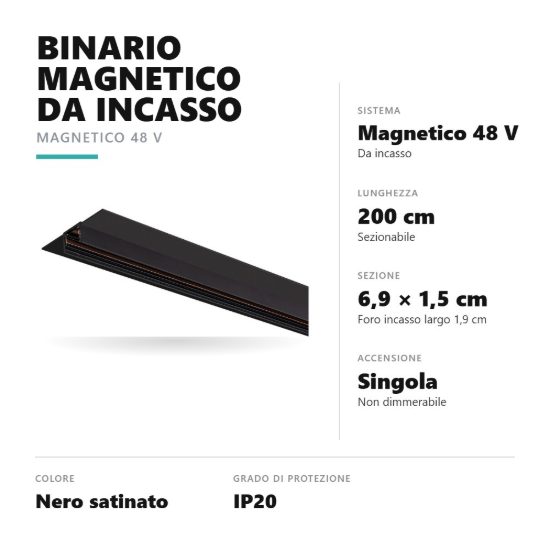 Gea luce gbin50 binario magnetico 48v da incasso 2 m nero satinato