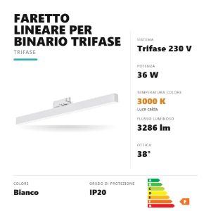 Gea luce gfa1240c faretto per binario trifase led 36w 3000k orientabile lineare bianco