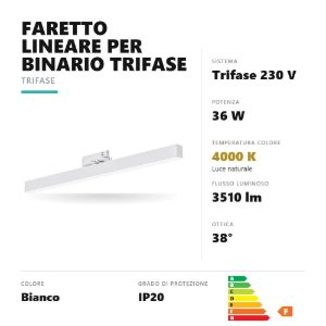 Gea luce gfa1240c faretto per binario trifase led 36w 4000k orientabile lineare bianco
