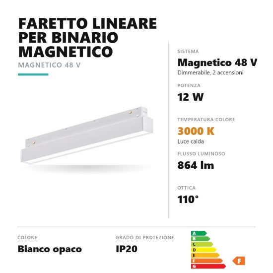 Gea luce gfa1260 faretto per binario magnetico led 12w 3000k dimmerabile lineare bianco