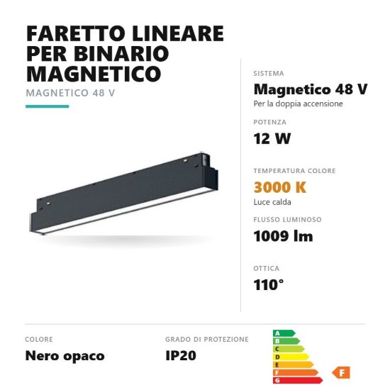 Gea luce gfa1260 faretto per binario magnetico led 12w 3000k lineare nero