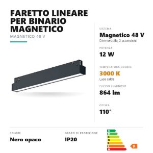 Gea luce gfa1260 faretto per binario magnetico led 12w 3000k dimmerabile lineare nero