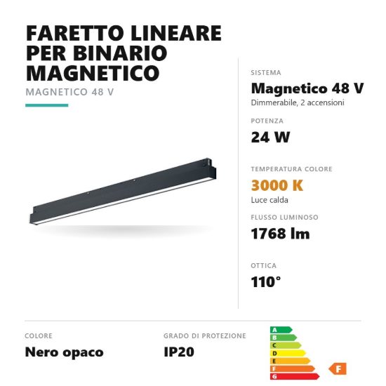 Gea luce gfa1260 faretto per binario magnetico led 24w 3000k dimmerabile lineare nero