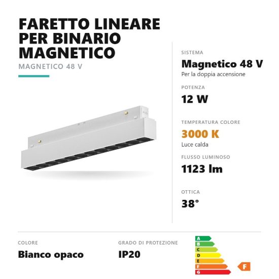 Gea luce gfa1280 faretto per binario magnetico led 12w 3000k antiabbaglio lineare bianco