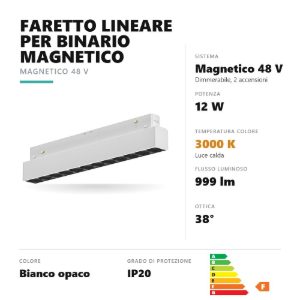 Gea luce gfa1280 faretto per binario magnetico led 12w 3000k dimmerabile antiabbaglio lineare bianco