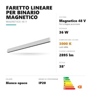 Gea luce gfa1280 faretto per binario magnetico led 36w 3000k antiabbaglio lineare bianco