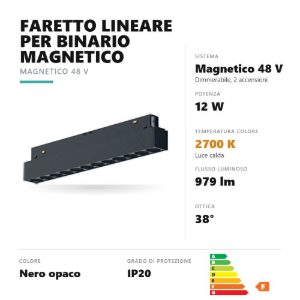 Gea luce gfa1280 faretto per binario magnetico led 12w 2700k dimmerabile antiabbaglio lineare nero