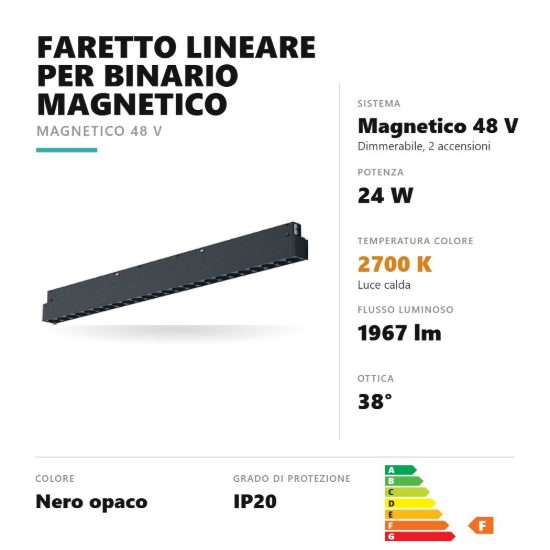 Gea luce gfa1280 faretto per binario magnetico led 24w 2700k dimmerabile antiabbaglio lineare nero