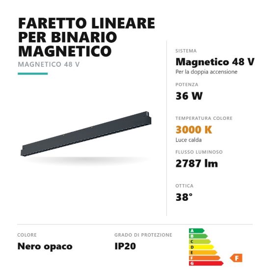 Gea luce gfa1280 faretto per binario magnetico led 36w 3000k antiabbaglio lineare nero