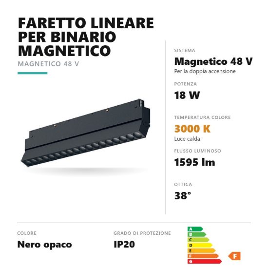 Gea luce gfa1300 faretto per binario magnetico led 18w 3000k orientabile antiabbaglio lineare nero