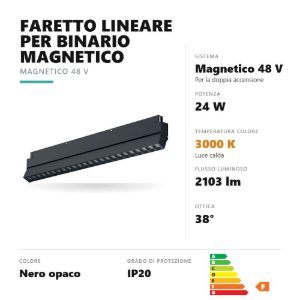 Gea luce gfa1300 faretto per binario magnetico led 24w 3000k orientabile antiabbaglio lineare nero
