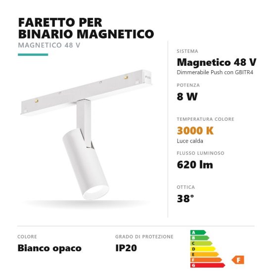 Gea luce gfa1340cd faretto per binario magnetico led 8w 3000k dimmerabile orientabile bianco