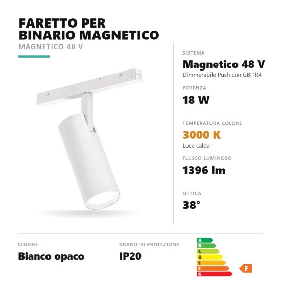 Gea luce gfa1340cd faretto per binario magnetico led 18w 3000k dimmerabile orientabile bianco